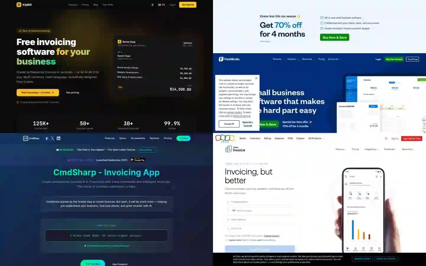 Comparison of the best AI invoicing software platforms in 2026 including KipBill, FreshBooks, and Zoho