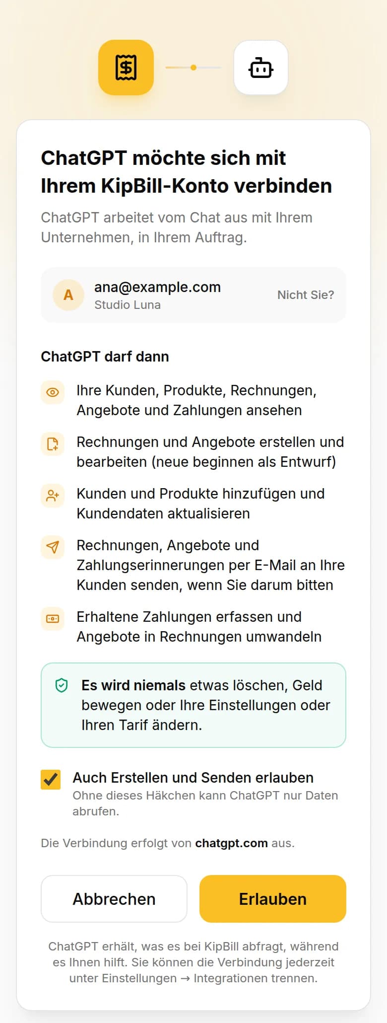 Verbindungsseite von KipBill: „ChatGPT möchte sich mit Ihrem KipBill-Konto verbinden“, Verbindung von chatgpt.com aus, mit der Schaltfläche Erlauben