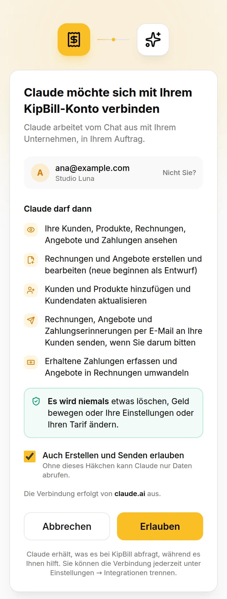 Verbindungsseite von KipBill auf dem Smartphone: „Claude möchte sich mit Ihrem KipBill-Konto verbinden“, die Liste dessen, was Claude dann darf, und die Schaltfläche Erlauben