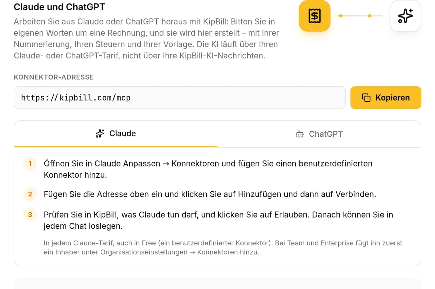 KipBill-Einstellungen, Tab Integrationen: die Konnektor-Adresse https://kipbill.com/mcp mit der Schaltfläche Kopieren und den Schritten für Claude