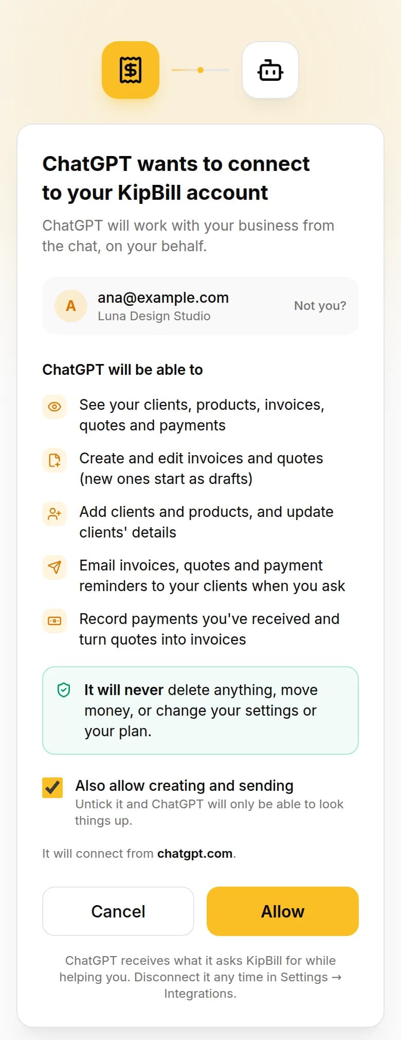 KipBill's connection screen: ChatGPT wants to connect to your KipBill account, from chatgpt.com, with the Allow button