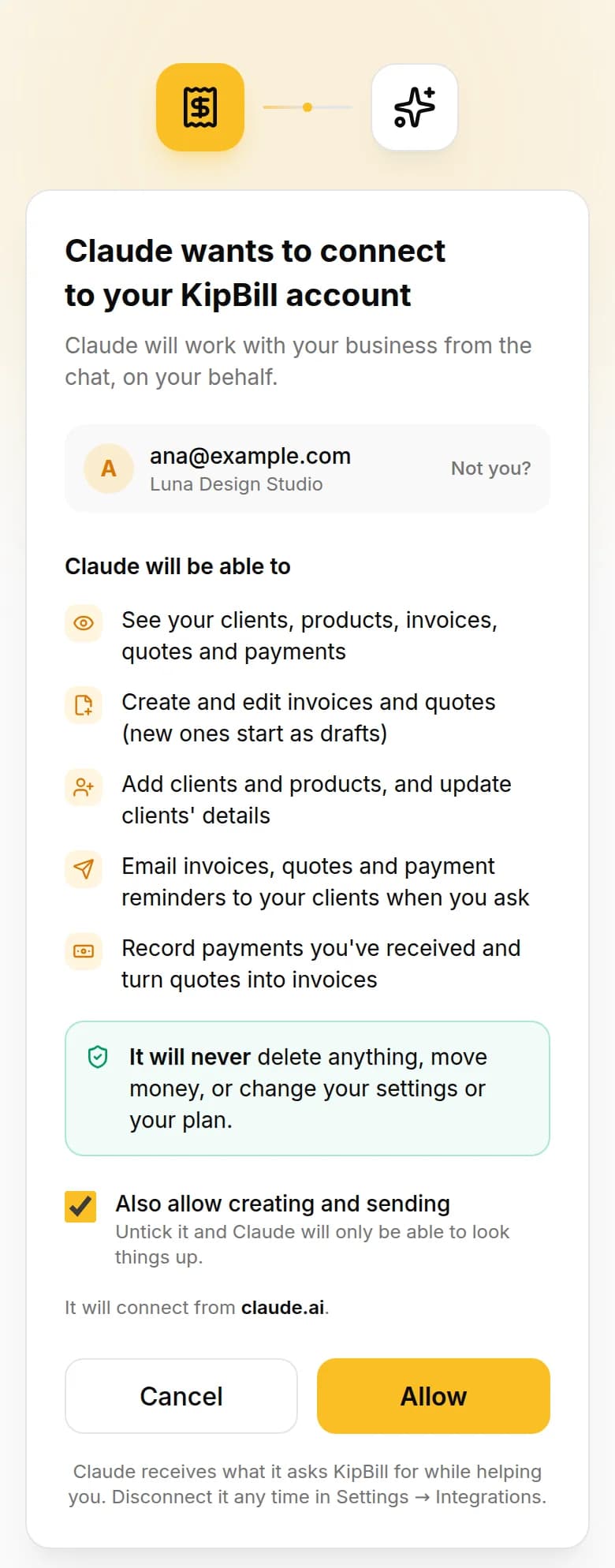 KipBill's connection screen on a phone: Claude wants to connect to your KipBill account, the list of what it will be able to do, and the Allow button