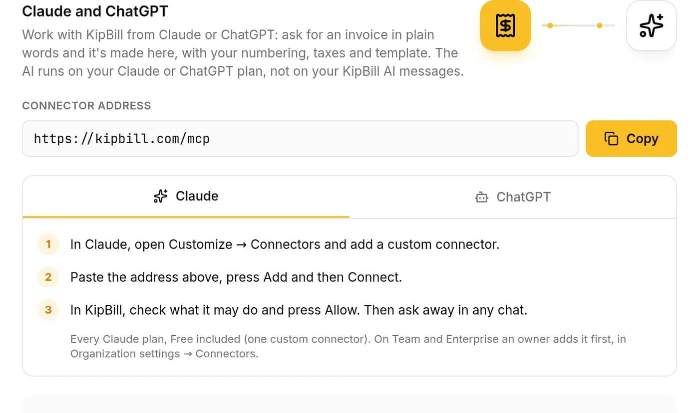 KipBill Settings, Integrations tab: the connector address https://kipbill.com/mcp with a Copy button and the steps for Claude