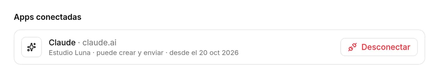 Lista de apps conectadas en KipBill: Claude, claude.ai, Estudio Luna, puede crear y enviar, con el botón Desconectar
