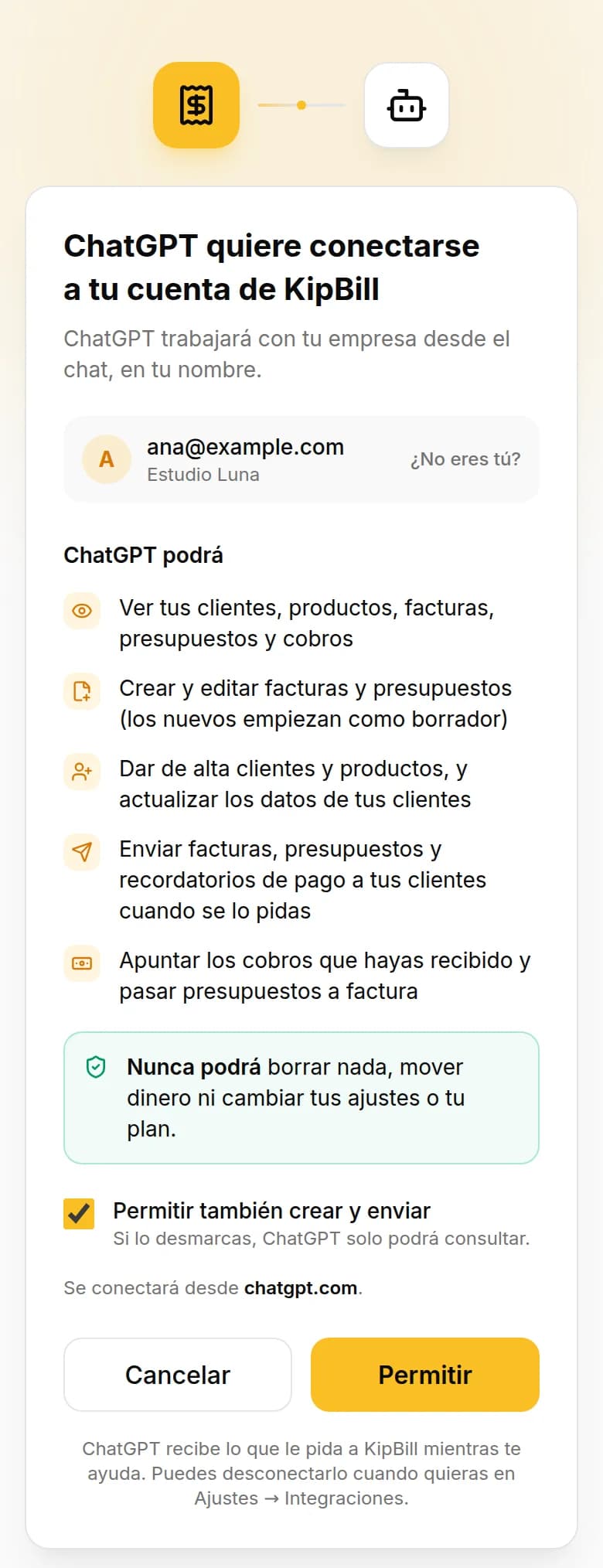 Pantalla de conexión de KipBill: ChatGPT quiere conectarse a tu cuenta de KipBill, desde chatgpt.com, con el botón Permitir