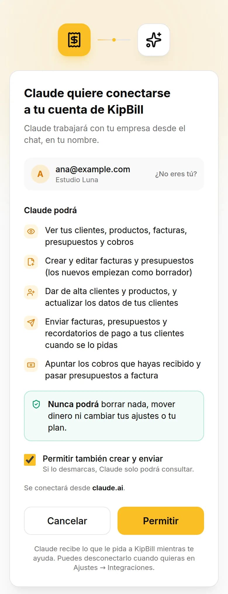 Pantalla de conexión de KipBill en el móvil: Claude quiere conectarse a tu cuenta de KipBill, la lista de lo que podrá hacer y el botón Permitir