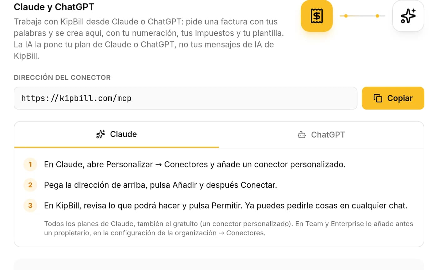 Ajustes de KipBill, pestaña Integraciones: la dirección del conector https://kipbill.com/mcp con el botón Copiar y los pasos para Claude