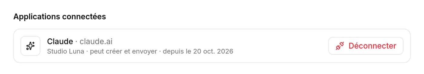 Liste Applications connectées dans KipBill : Claude, claude.ai, Studio Luna, peut créer et envoyer, avec le bouton Déconnecter
