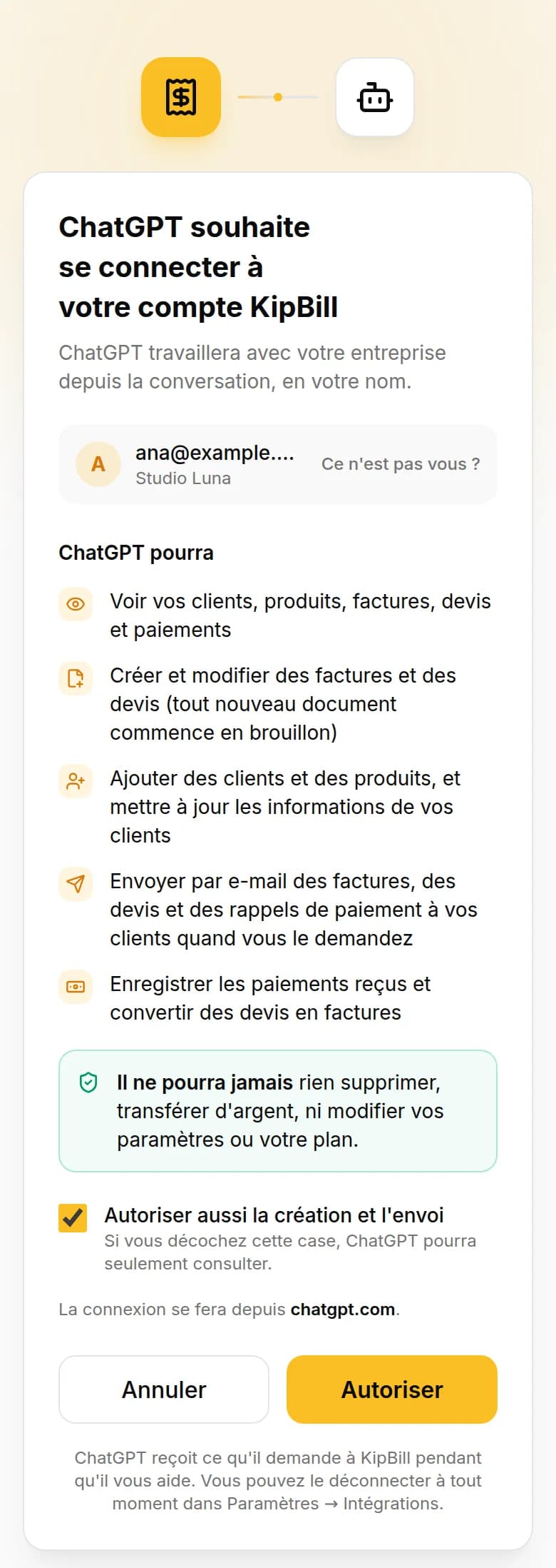 L'écran de connexion de KipBill : ChatGPT souhaite se connecter à votre compte KipBill, depuis chatgpt.com, avec le bouton Autoriser