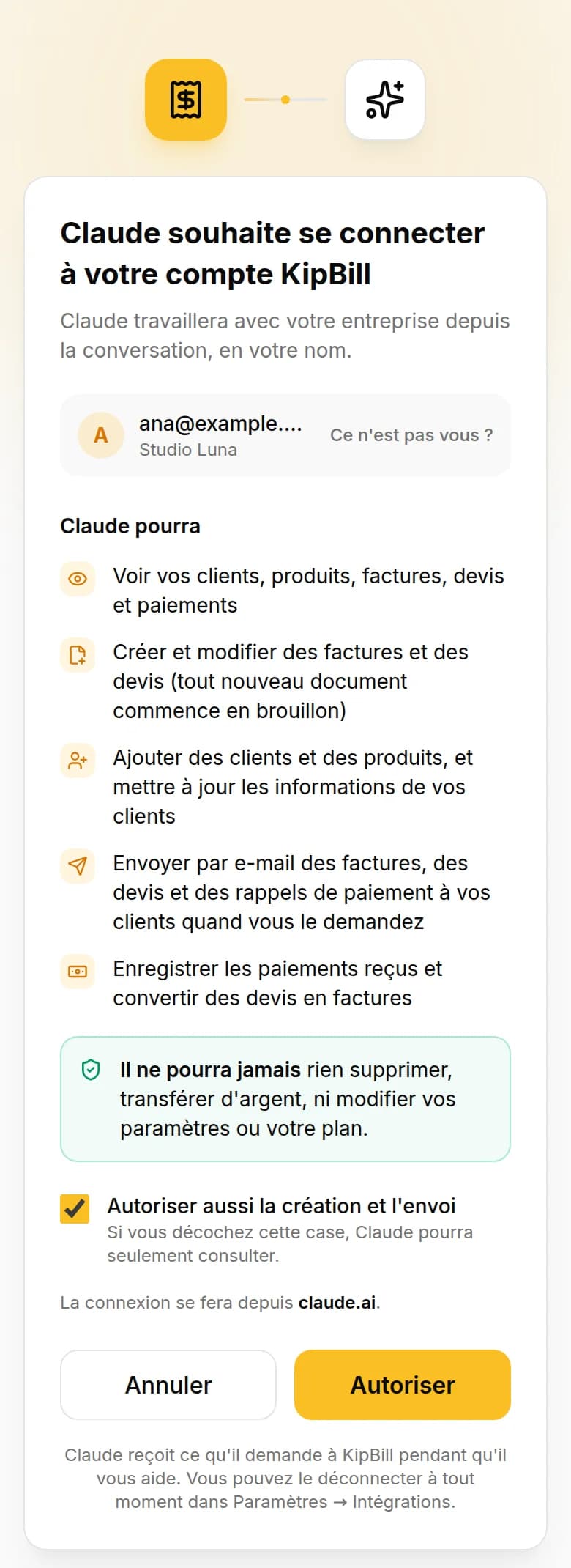 L'écran de connexion de KipBill sur un téléphone : Claude souhaite se connecter à votre compte KipBill, la liste de ce qu'il pourra faire et le bouton Autoriser