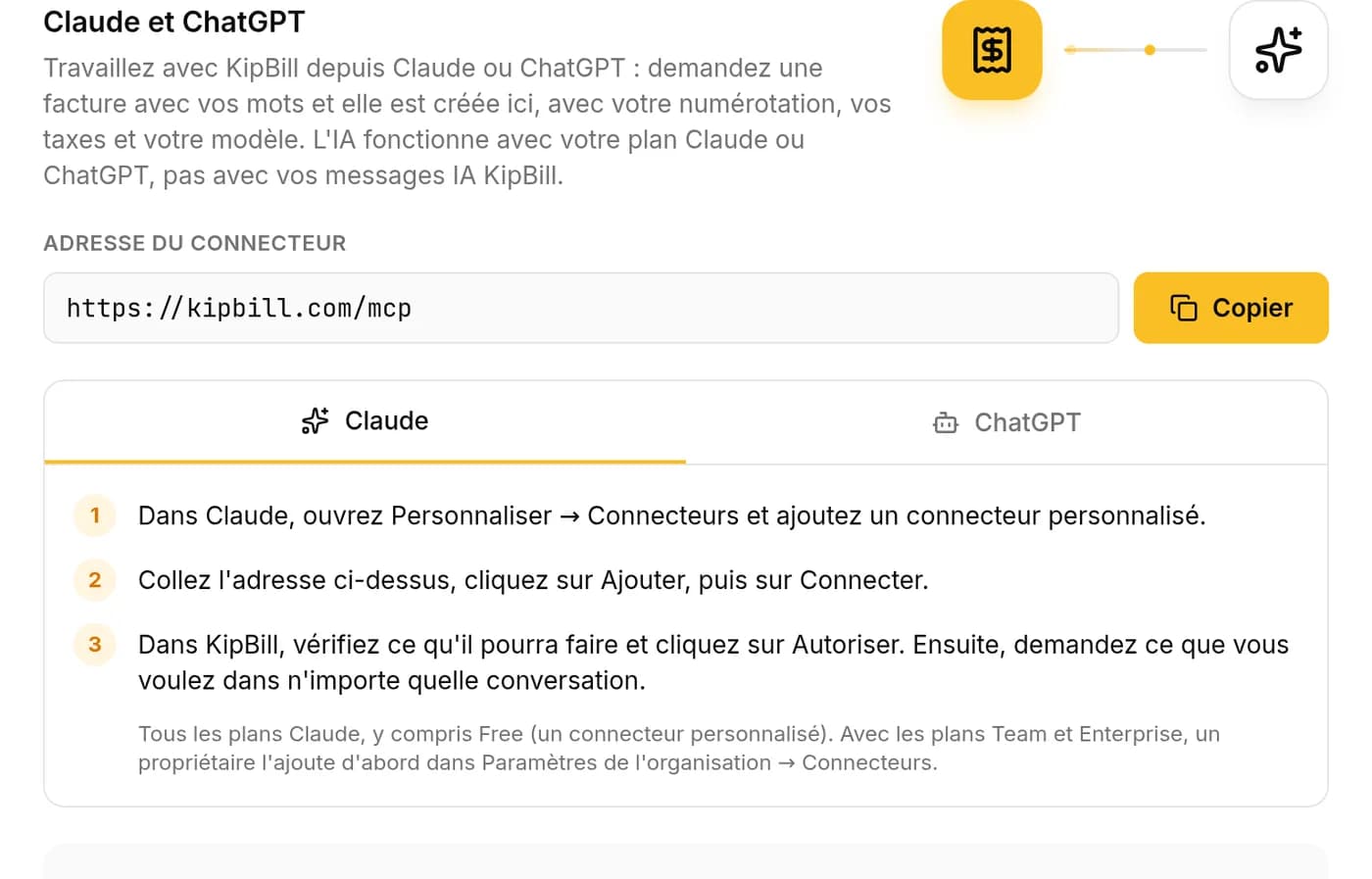 Paramètres de KipBill, onglet Intégrations : l'adresse du connecteur https://kipbill.com/mcp avec le bouton Copier et les étapes pour Claude