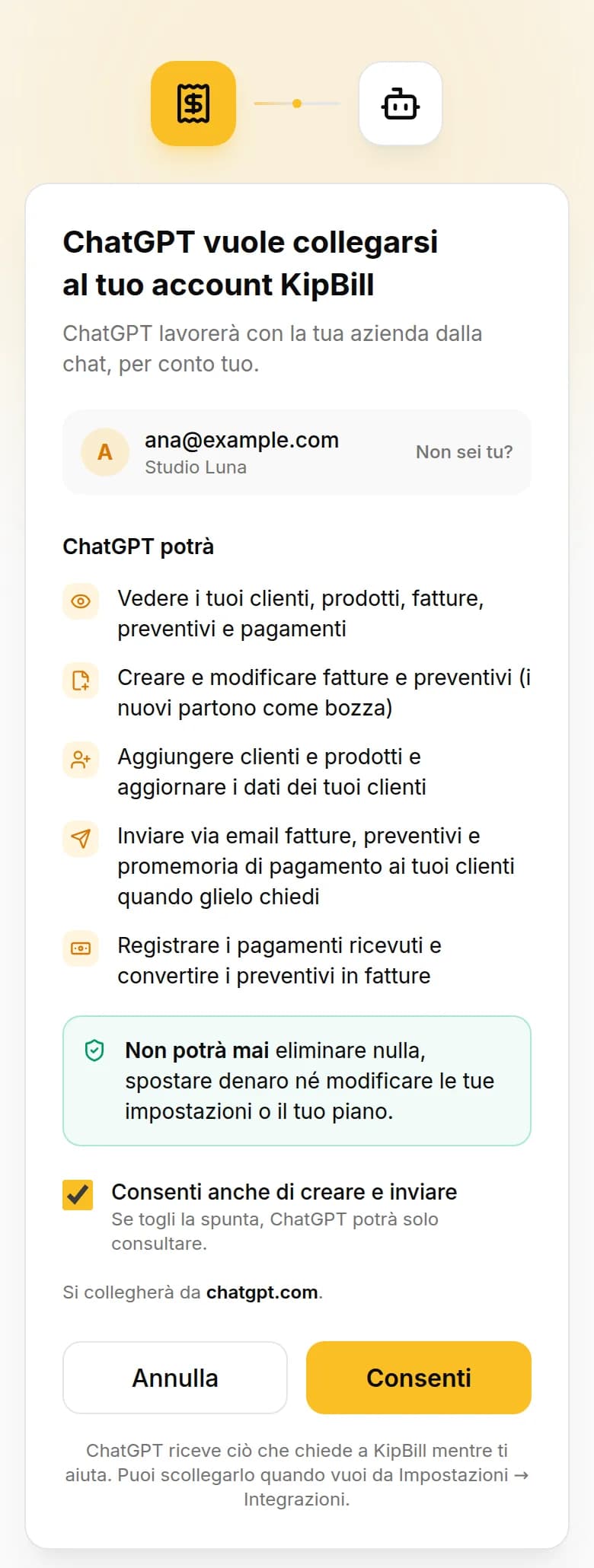 La schermata di collegamento di KipBill: ChatGPT vuole collegarsi al tuo account KipBill, da chatgpt.com, con il pulsante Consenti