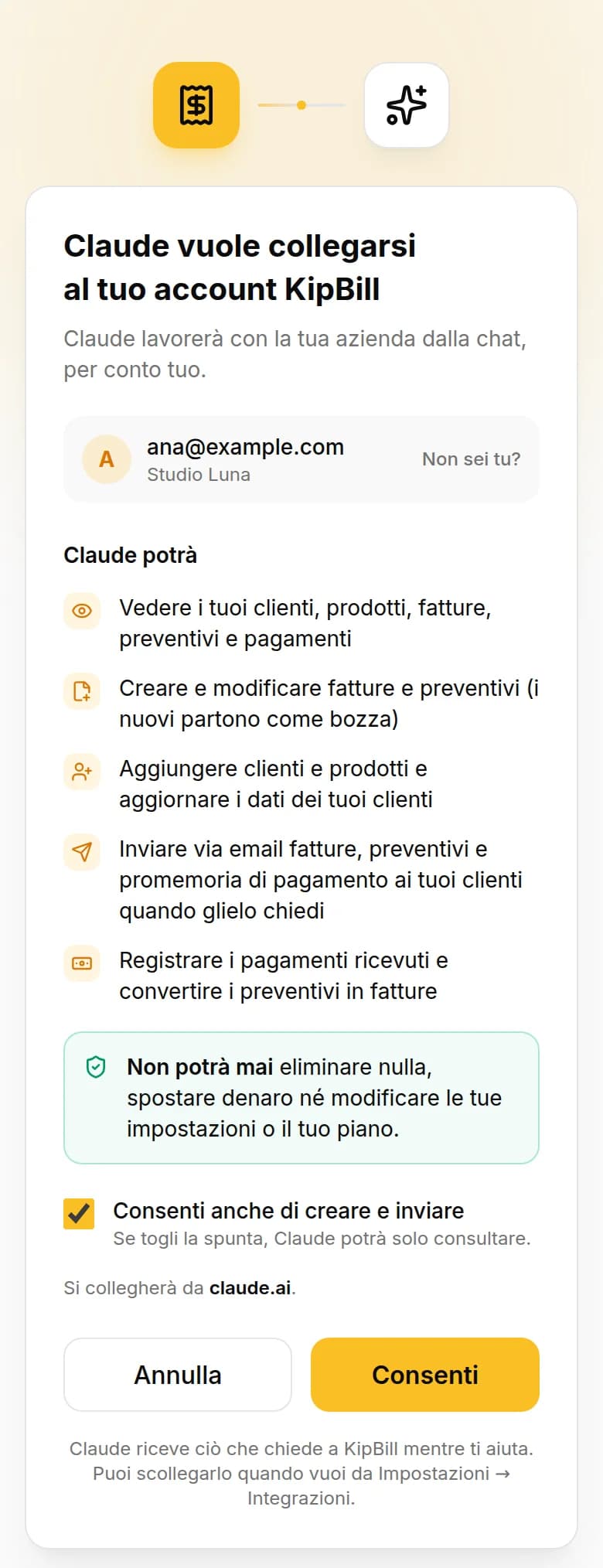 La schermata di collegamento di KipBill su smartphone: Claude vuole collegarsi al tuo account KipBill, l'elenco di ciò che potrà fare e il pulsante Consenti