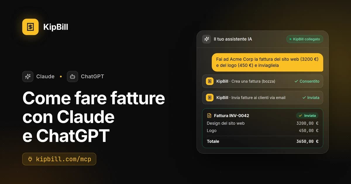 KipBill collegato a Claude e ChatGPT: una fattura creata e inviata da una chat