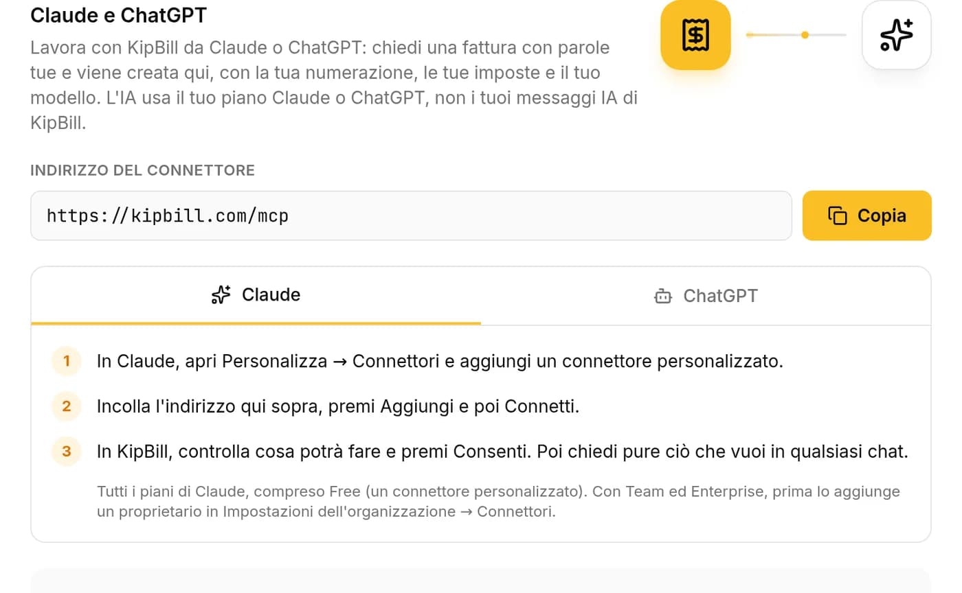 Impostazioni di KipBill, scheda Integrazioni: la sezione Claude e ChatGPT con l'indirizzo del connettore https://kipbill.com/mcp, il pulsante Copia e i passaggi per Claude
