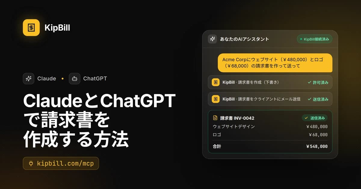 ClaudeとChatGPTに接続されたKipBill：チャットから作成・送信された請求書