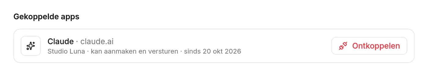 Lijst Gekoppelde apps in KipBill: Claude, claude.ai, Studio Luna, kan aanmaken en versturen, met de knop Ontkoppelen