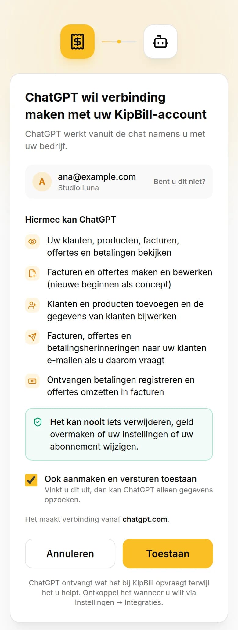 Koppelingsscherm van KipBill: ChatGPT wil verbinding maken met uw KipBill-account, vanaf chatgpt.com, met de knop Toestaan
