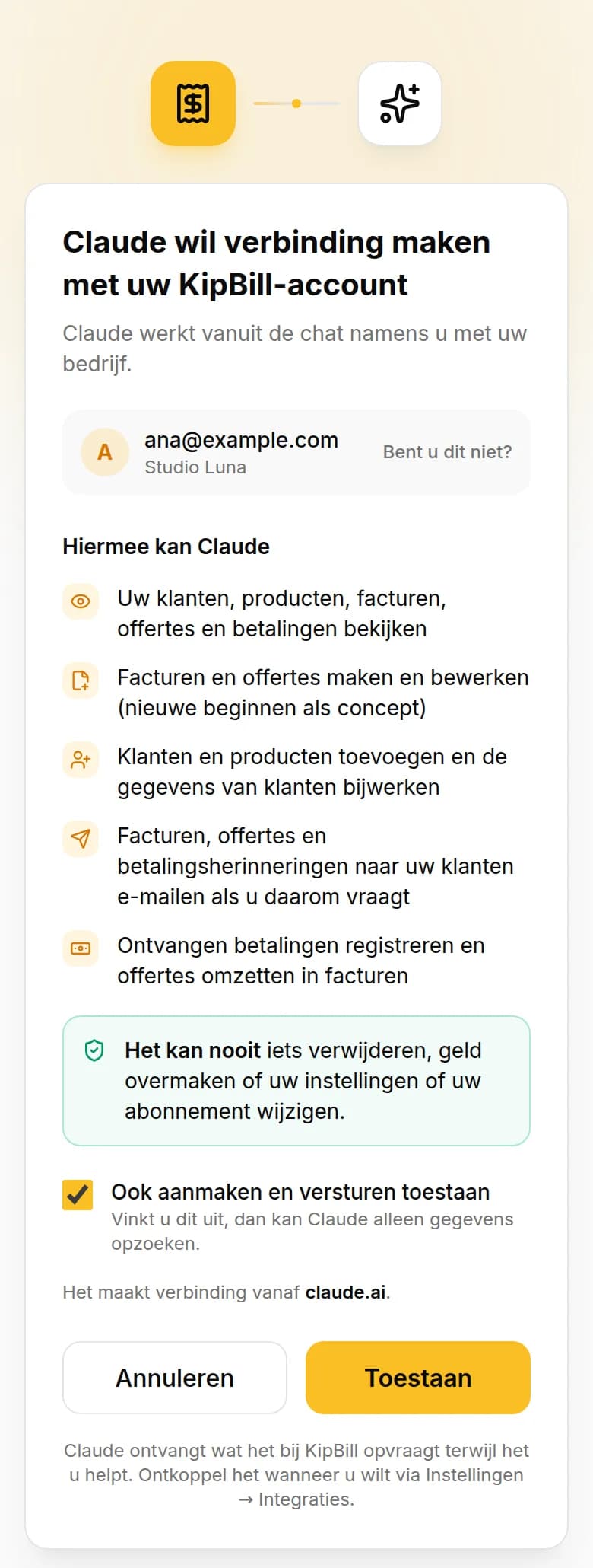 Koppelingsscherm van KipBill op een telefoon: Claude wil verbinding maken met uw KipBill-account, de lijst Hiermee kan Claude en de knop Toestaan