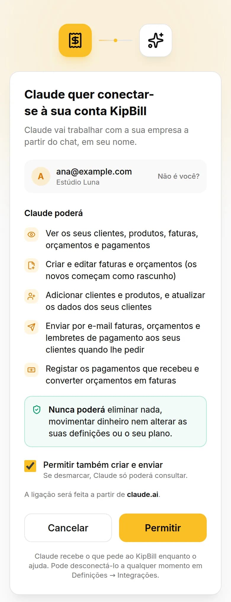 Ecrã de ligação do KipBill num telemóvel: «Claude quer conectar-se à sua conta KipBill», a lista do que poderá fazer e o botão Permitir