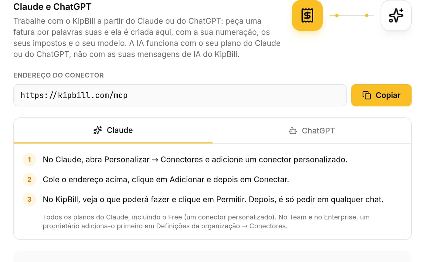 Definições do KipBill, separador Integrações: o endereço do conector https://kipbill.com/mcp com o botão Copiar e os passos para o Claude