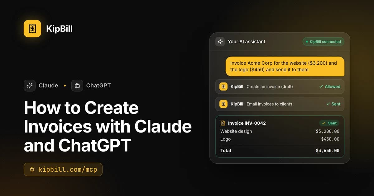 KipBill connected to Claude and ChatGPT: an invoice created and sent from a chat