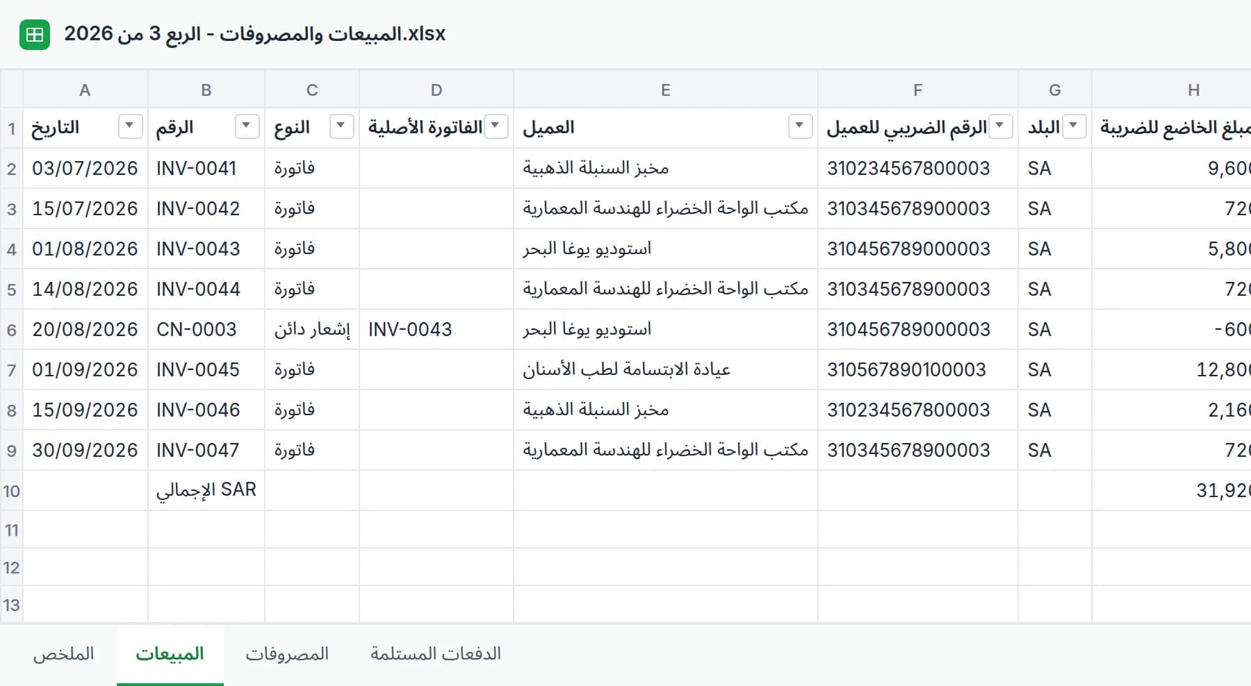 ورقة المبيعات في ملف Excel للمحاسب: التاريخ والرقم ونوع المستند والعميل والرقم الضريبي للعميل والمبلغ الخاضع للضريبة وضريبة القيمة المضافة ونسبتها لكل فاتورة في الربع