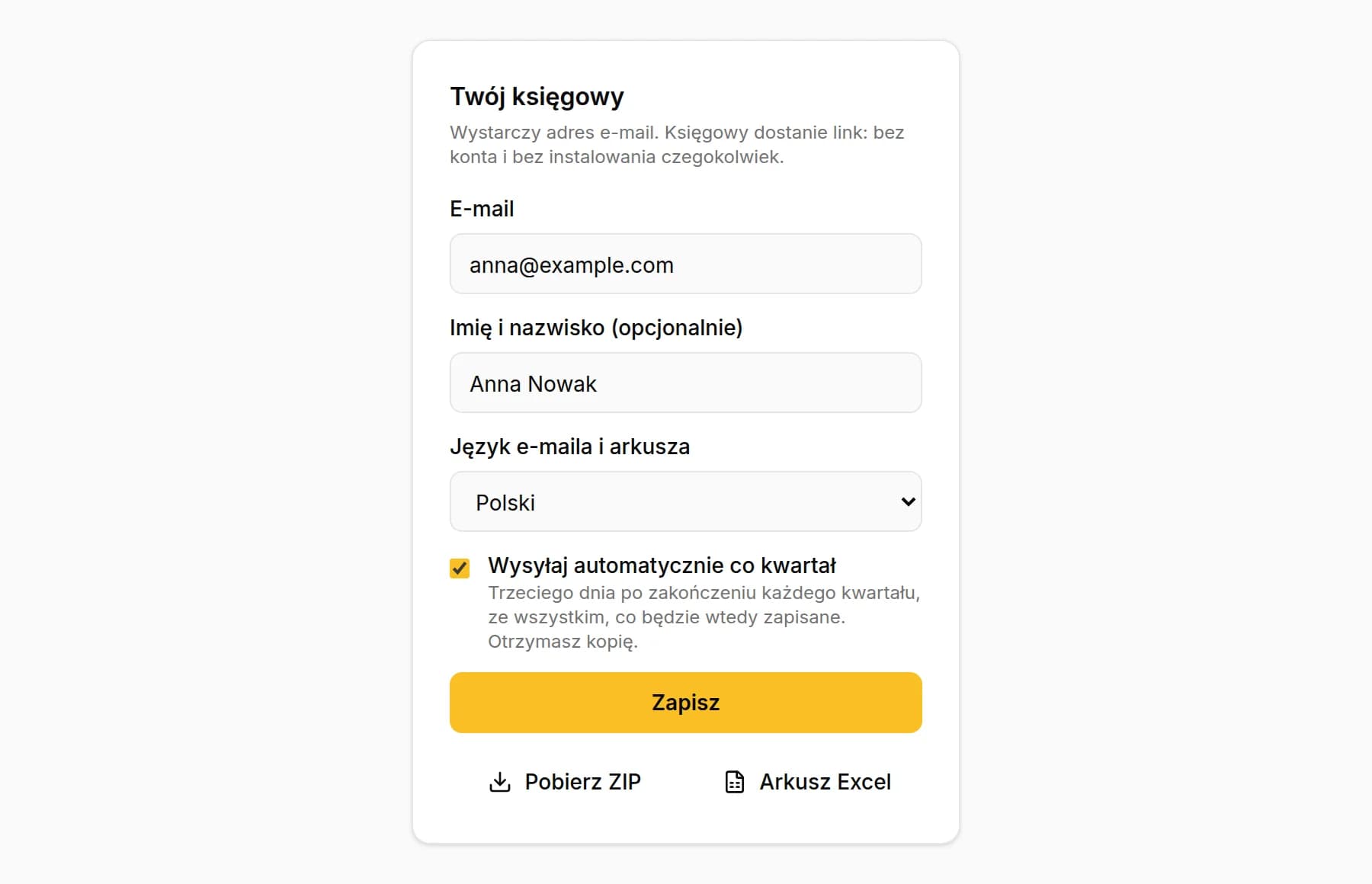 Dane księgowego w KipBill: e-mail, imię i nazwisko, język e-maila i arkusza oraz zaznaczona opcja Wysyłaj automatycznie co kwartał