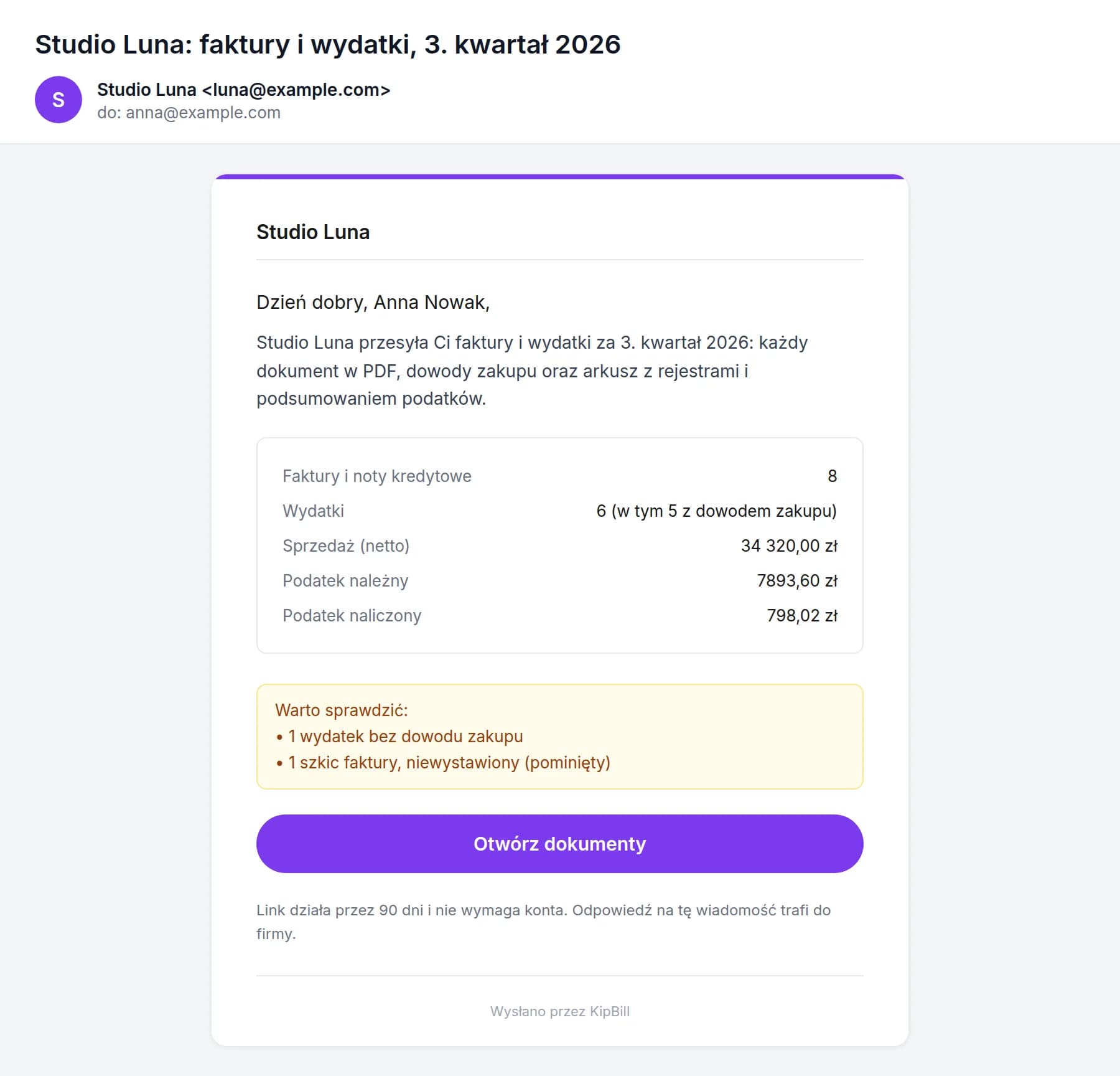 E-mail, który dostaje księgowy: Studio Luna, faktury i wydatki za 3. kwartał 2026, z podsumowaniem i przyciskiem Otwórz dokumenty