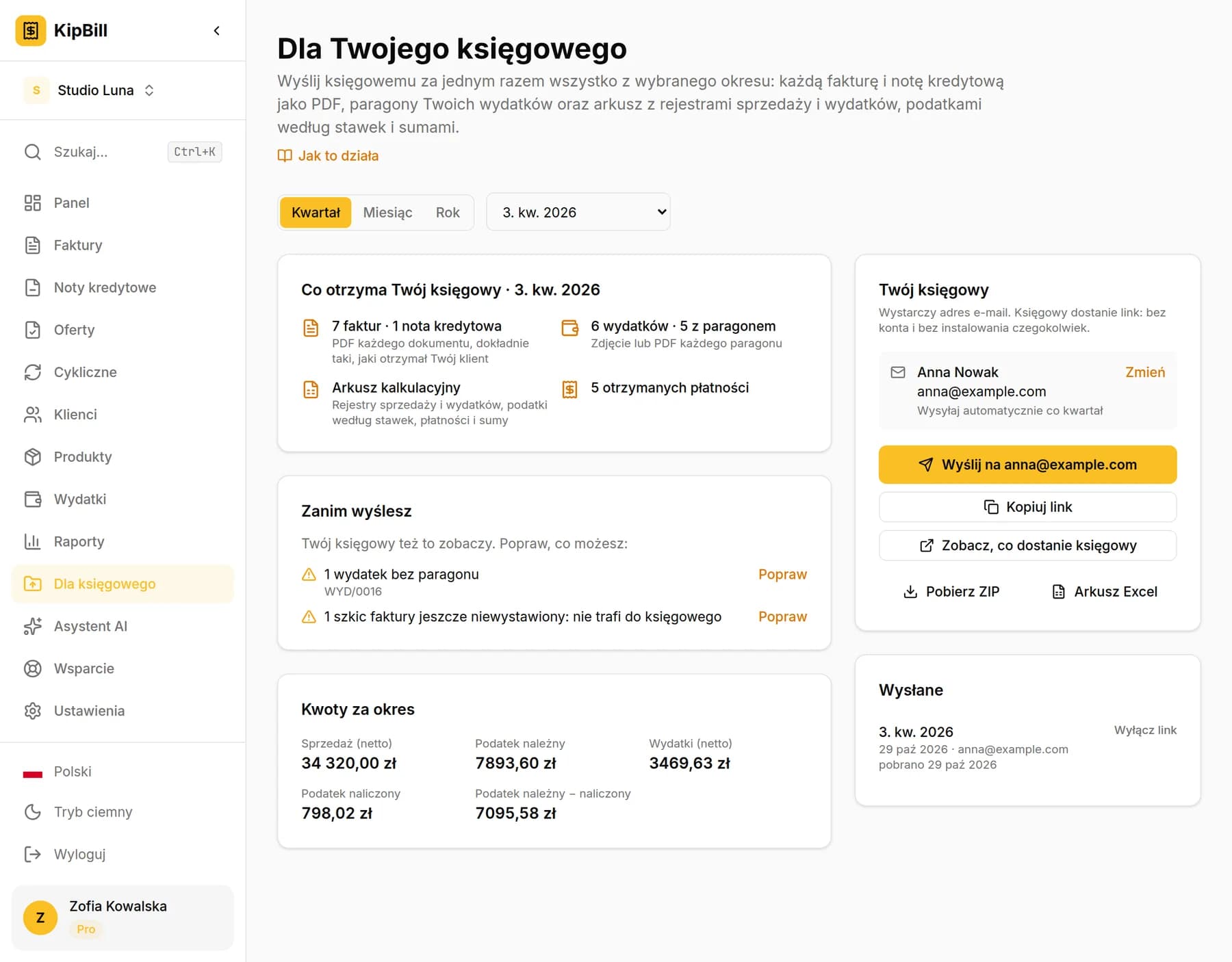 Strona Dla Twojego księgowego w KipBill z wybranym 3. kw. 2026: co otrzyma księgowy, co sprawdzić przed wysłaniem, kwoty za okres i dane księgowego