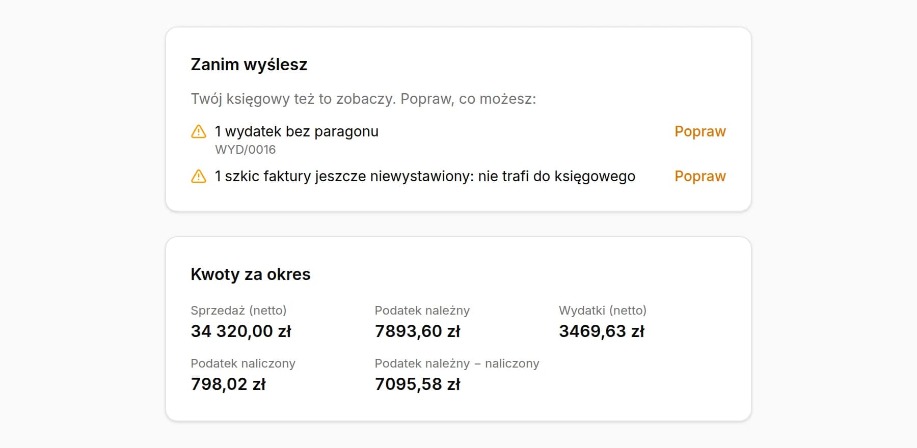 Zanim wyślesz: jeden wydatek bez paragonu i jeden szkic faktury, który nie trafi do księgowego; poniżej kwoty za okres: sprzedaż, VAT należny, wydatki i VAT naliczony
