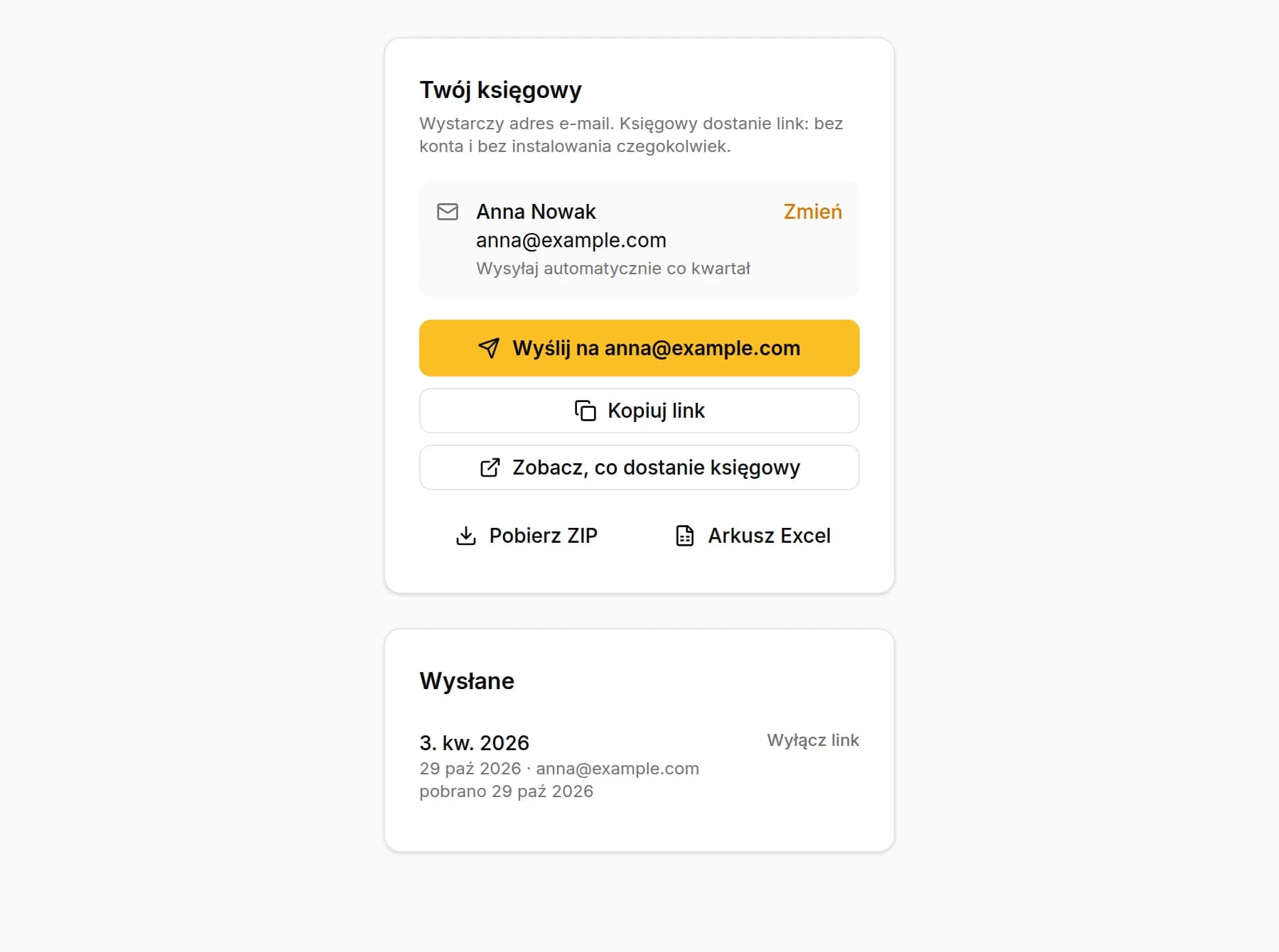 Zapisany księgowy z automatyczną wysyłką co kwartał, przycisk Wyślij na z jego adresem e-mail, Kopiuj link i Zobacz, co dostanie księgowy oraz lista Wysłane z pobranym kwartałem