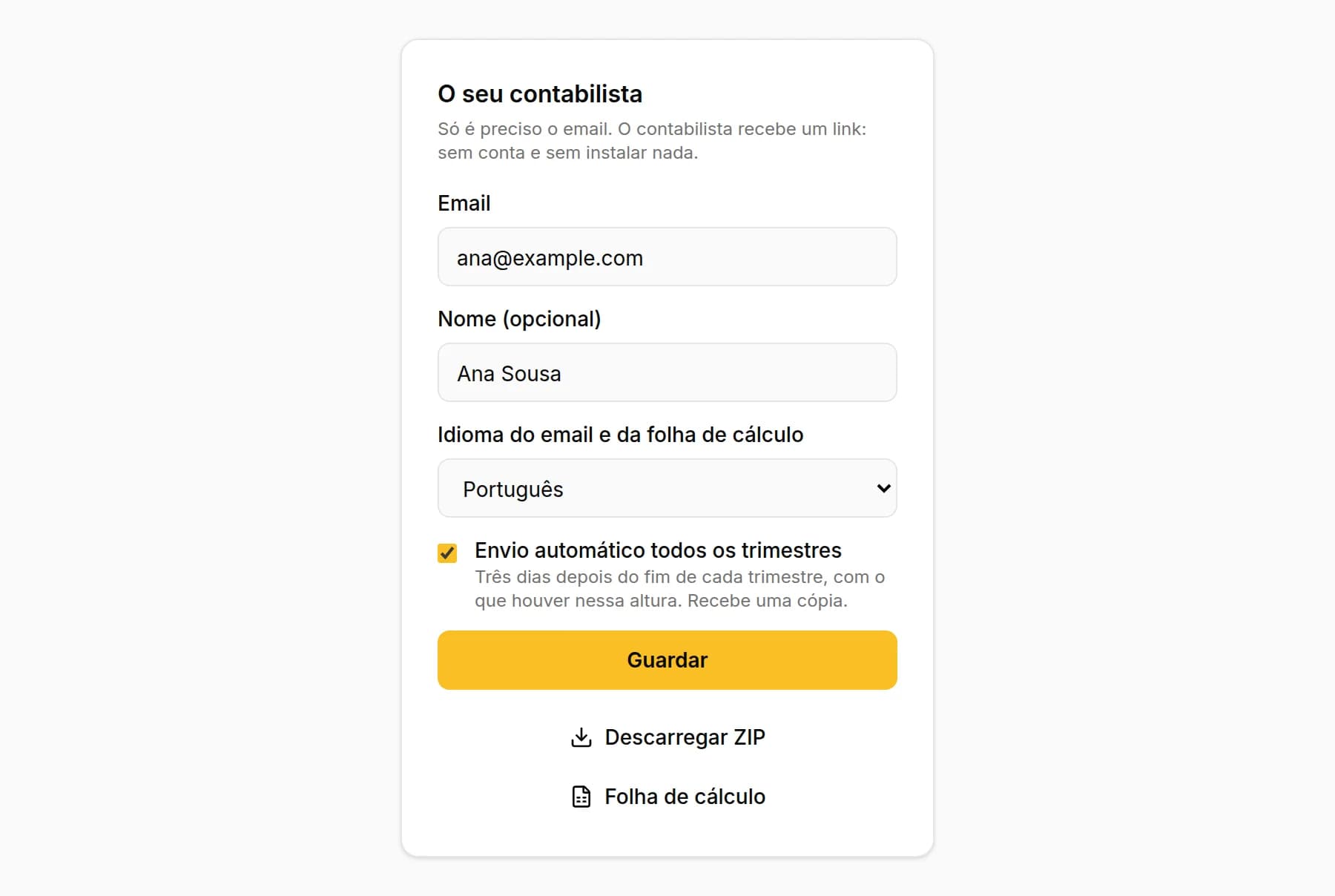 Os dados do contabilista no KipBill: email, nome, idioma do email e da folha de cálculo e a opção Envio automático todos os trimestres marcada