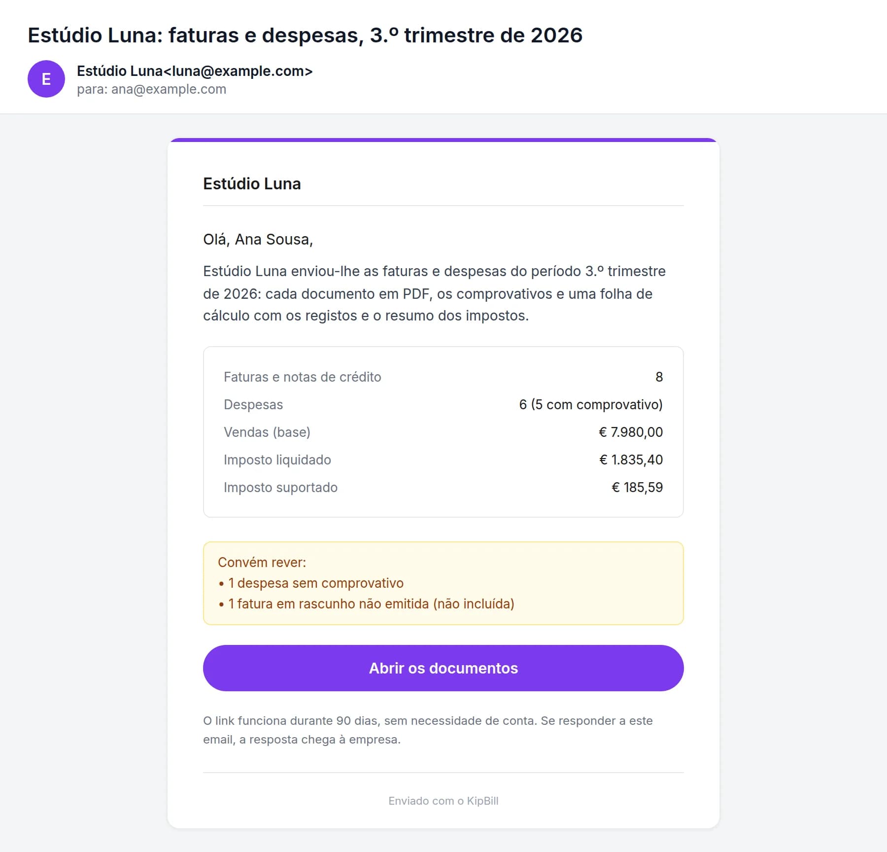 O email que o contabilista recebe: Estúdio Luna, faturas e despesas do 3.º trimestre de 2026, com o resumo e o botão Abrir os documentos