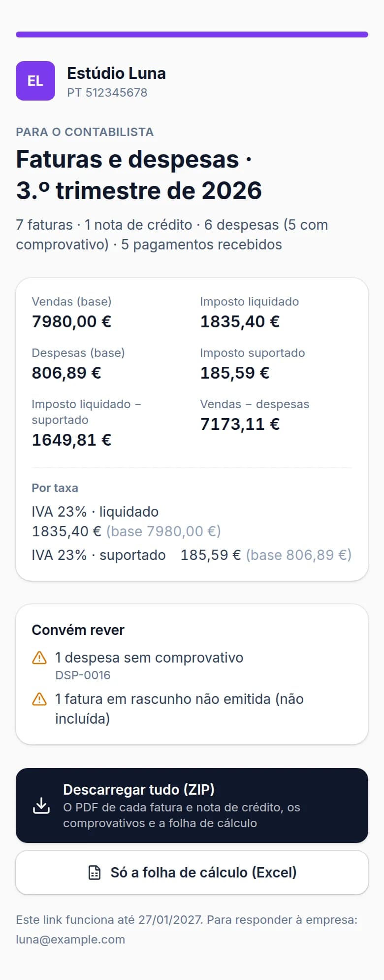 A página do contabilista num telemóvel: faturas e despesas do Estúdio Luna do 3.º trimestre de 2026, com os valores por taxa de IVA e os botões de descarga