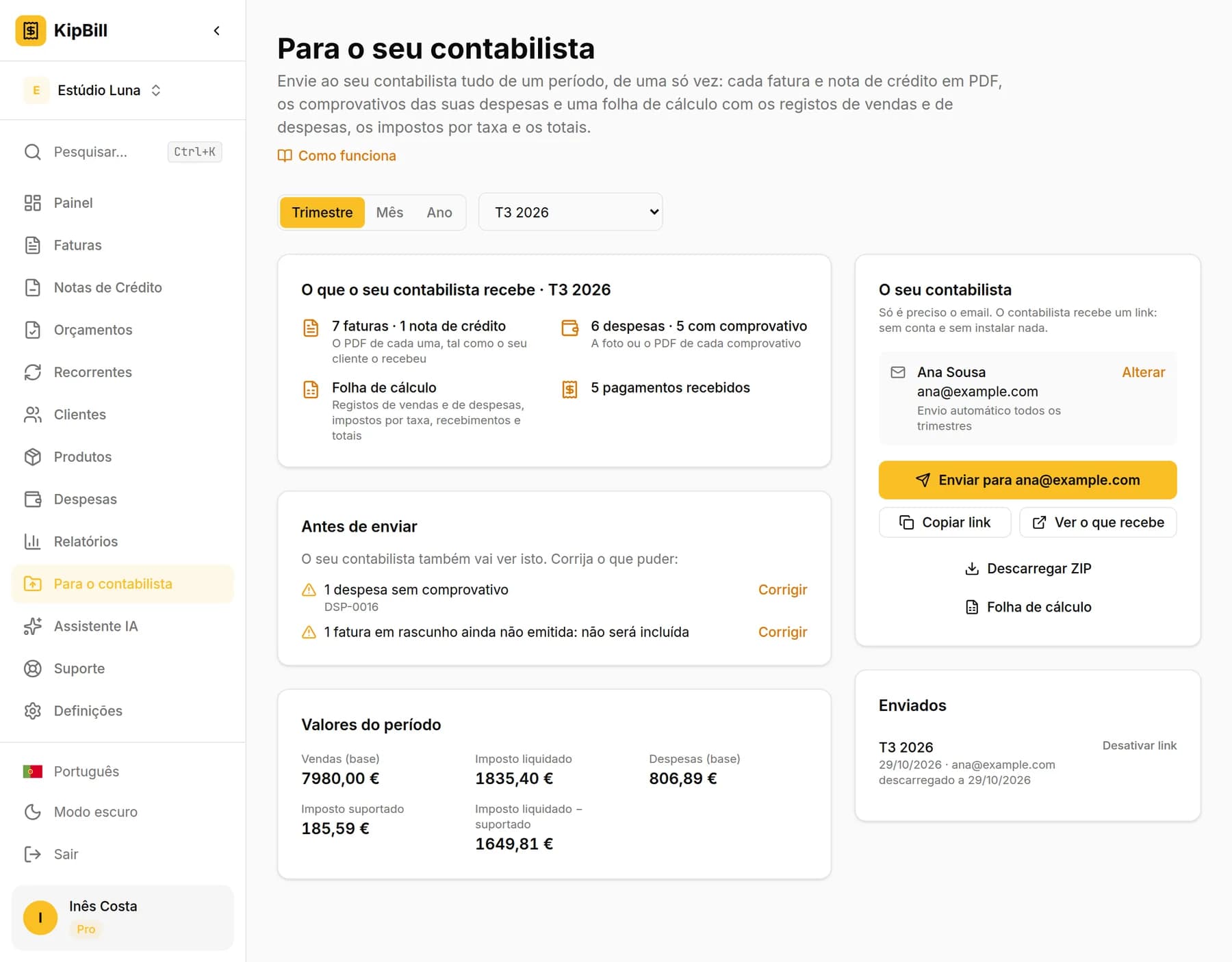 A página Para o seu contabilista do KipBill com o T3 2026 escolhido: o que o contabilista recebe, o que verificar antes de enviar, os valores do período e os dados do contabilista