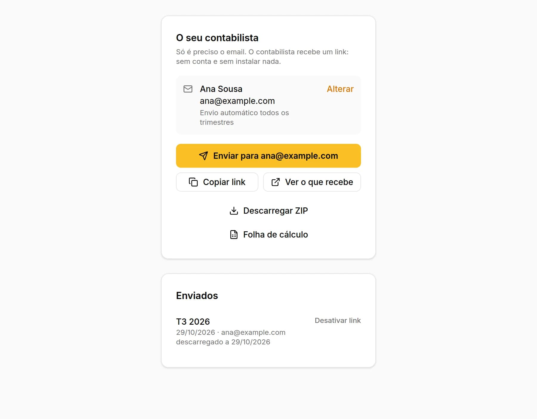 O contabilista guardado com o envio automático todos os trimestres, o botão Enviar para com o respetivo email, Copiar link e Ver o que recebe, e a lista Enviados com o trimestre descarregado