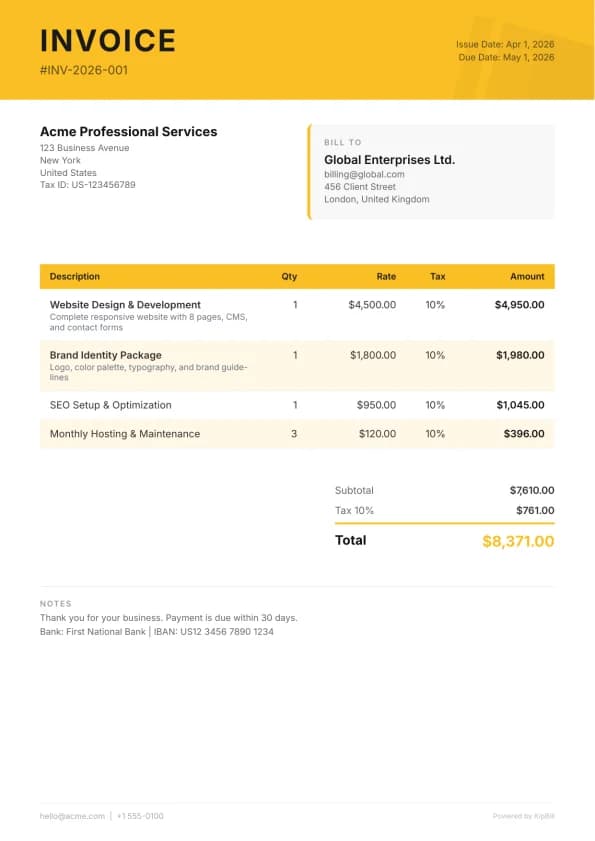 Agency invoice template preview — professional PDF layout for marketing agencies and digital agencies