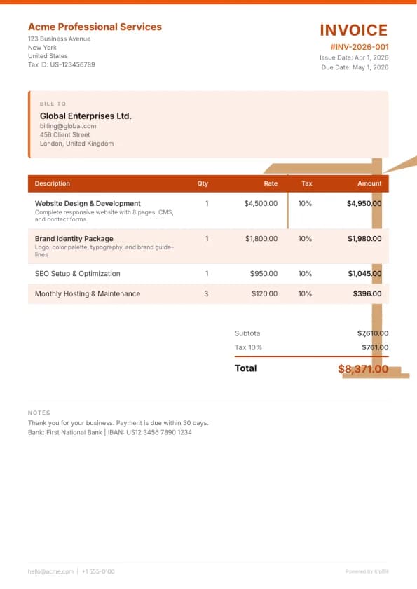 Construction发票模板预览 — 适用于建筑公司和总承包商的专业PDF布局
