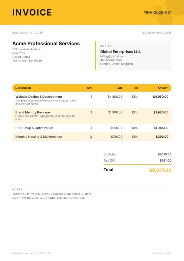 Creative invoice template for graphic designers and creative professionals