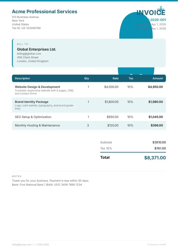 Dental发票模板预览 — 适用于牙科诊所和口腔保健提供者的专业PDF布局
