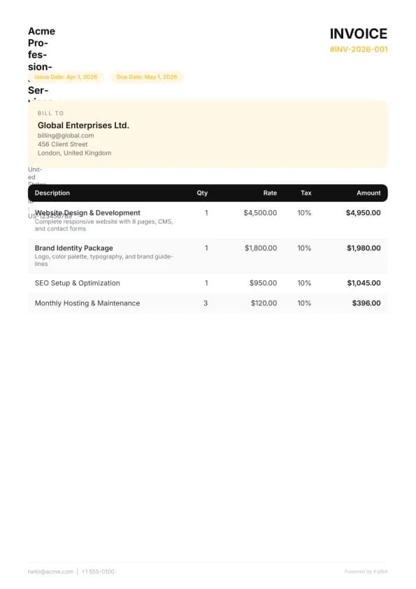 Startup invoice template preview — professional PDF layout for tech startups and SaaS companies