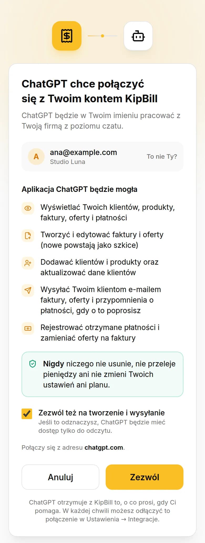 Ekran połączenia KipBill: ChatGPT chce połączyć się z Twoim kontem KipBill, połączenie z adresu chatgpt.com i przycisk Zezwól