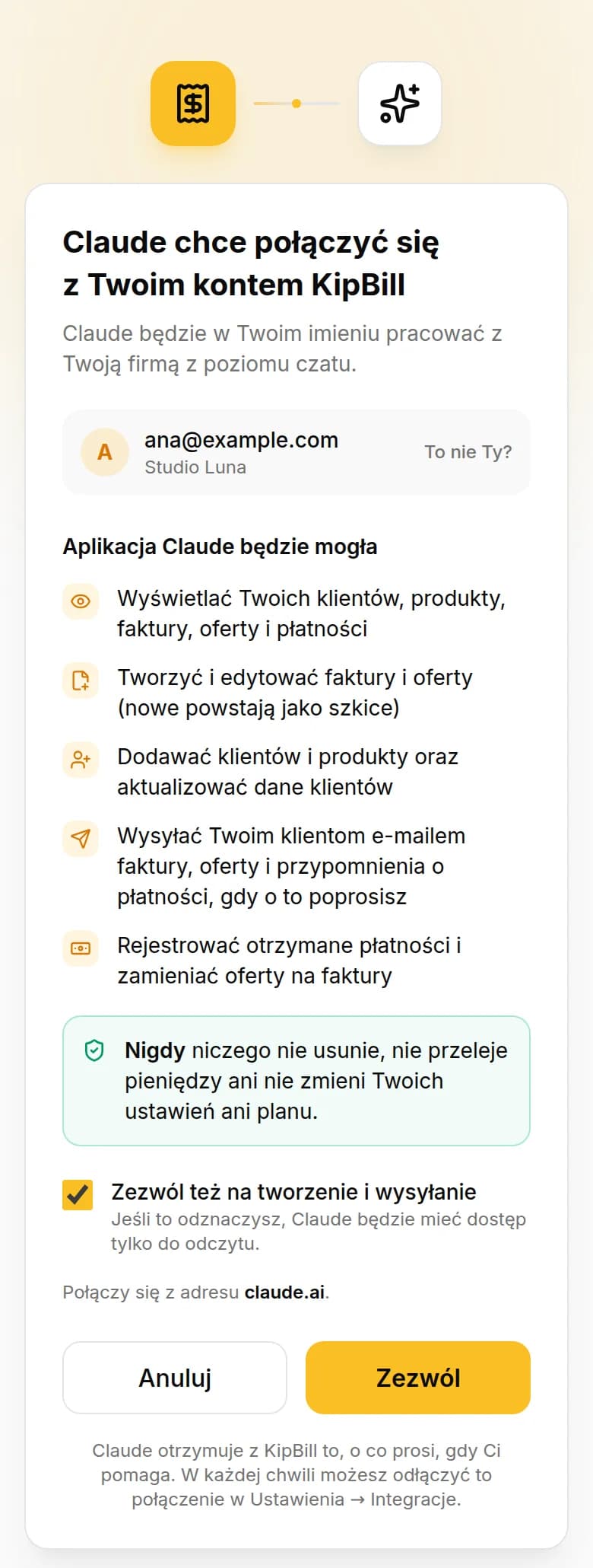 Ekran połączenia KipBill na telefonie: Claude chce połączyć się z Twoim kontem KipBill, lista tego, co będzie mógł robić, i przycisk Zezwól