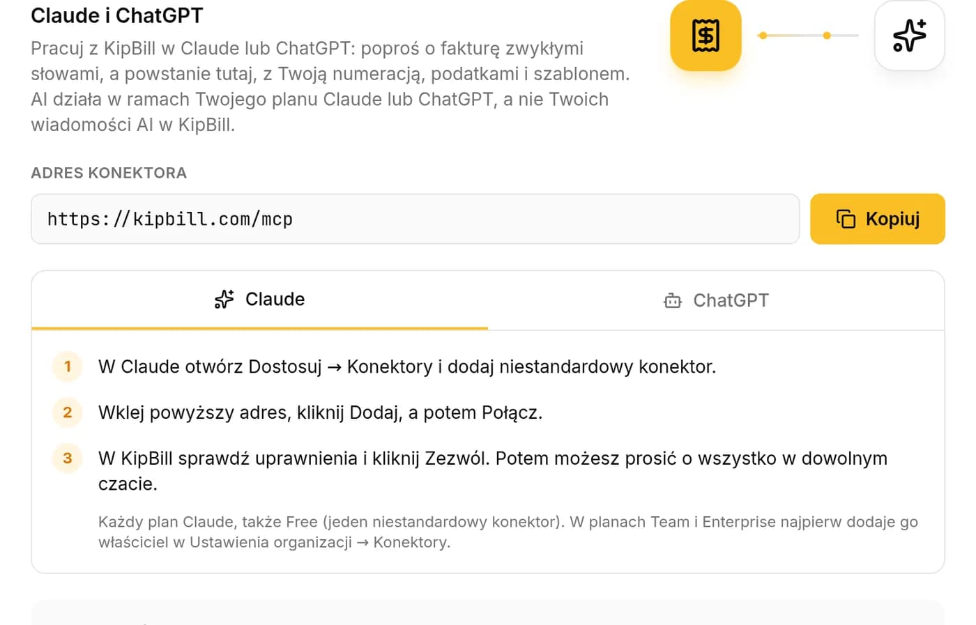 Ustawienia KipBill, zakładka Integracje: adres konektora https://kipbill.com/mcp z przyciskiem Kopiuj i kroki dla Claude