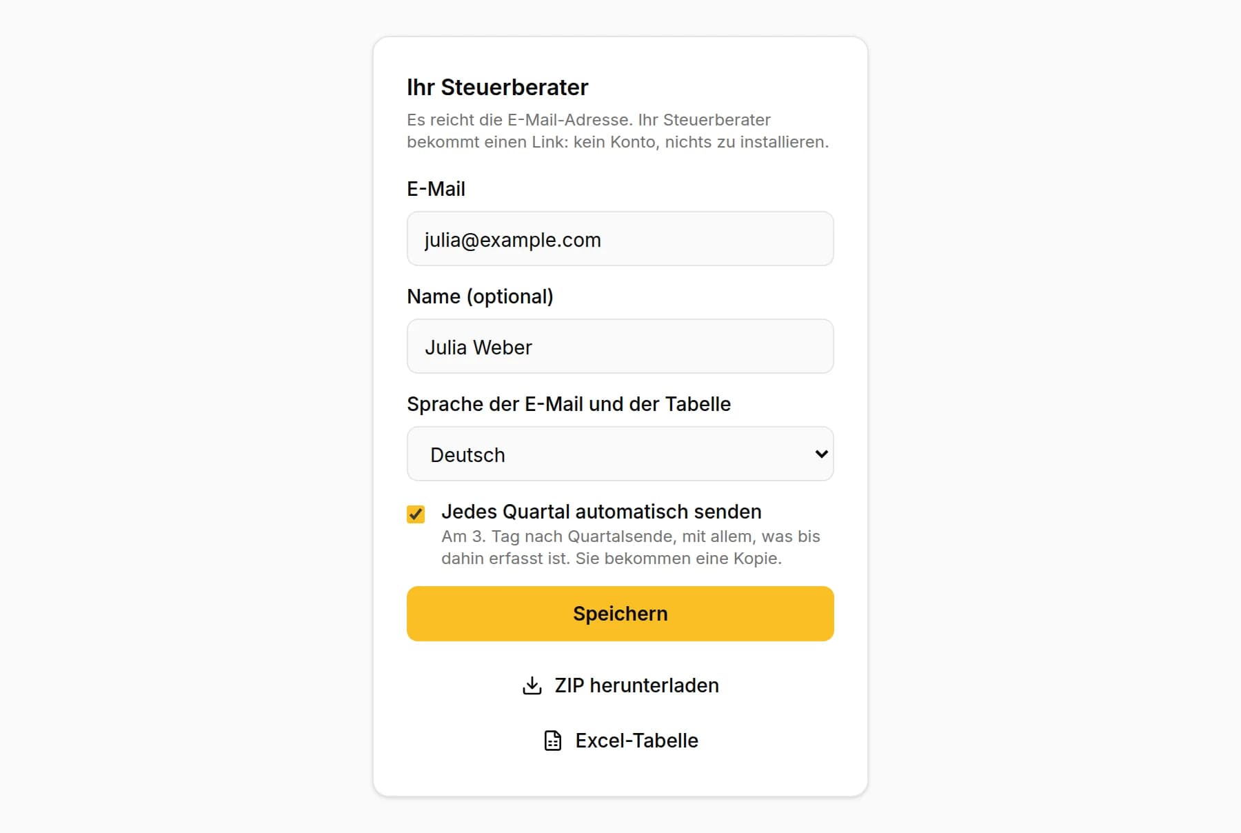 Die Daten des Steuerberaters in KipBill: E-Mail, Name, Sprache der E-Mail und der Tabelle und das gesetzte Häkchen bei Jedes Quartal automatisch senden