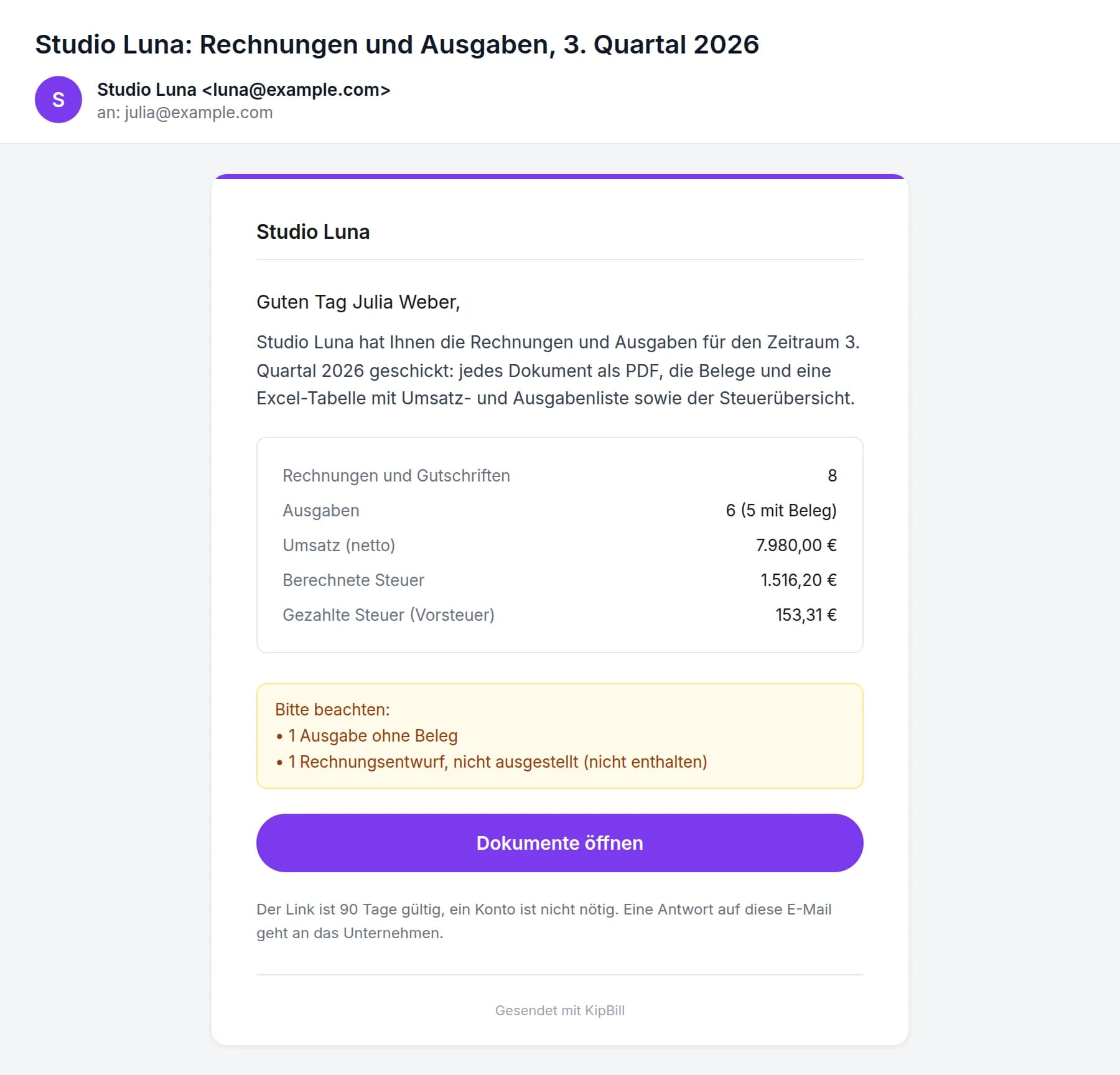 Die E-Mail an den Steuerberater: Studio Luna, Rechnungen und Ausgaben für das 3. Quartal 2026, mit der Übersicht und der Schaltfläche Dokumente öffnen