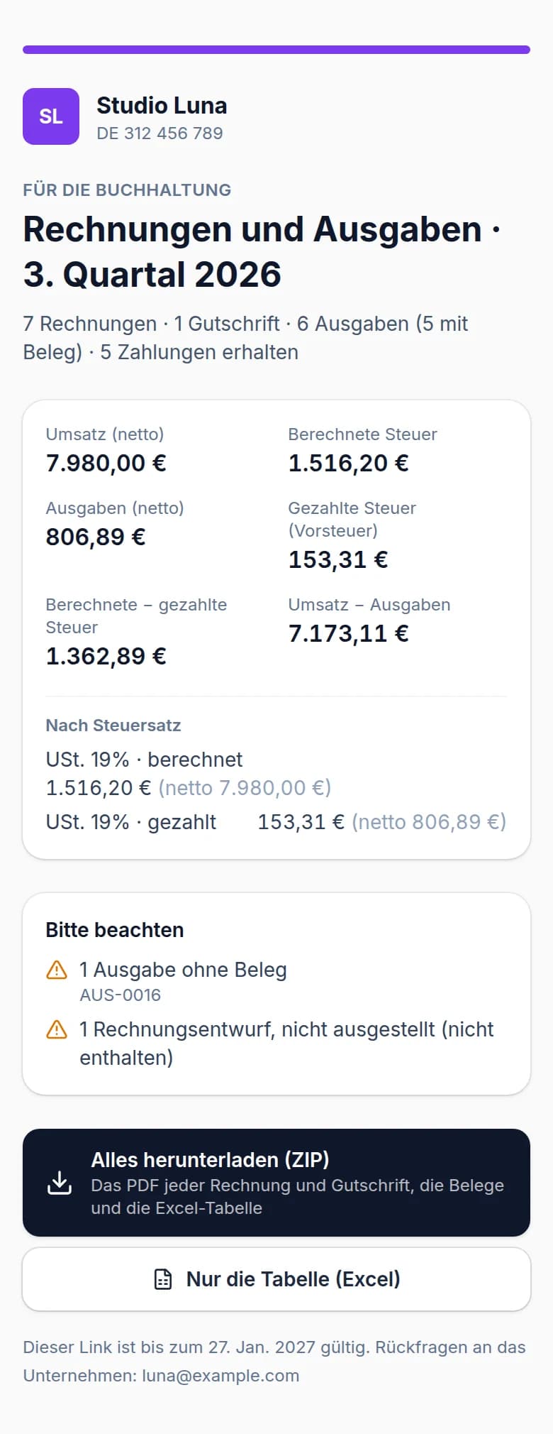 Die Seite des Steuerberaters auf dem Smartphone: Rechnungen und Ausgaben von Studio Luna für das 3. Quartal 2026, mit den Zahlen nach Umsatzsteuersatz und den Download-Schaltflächen