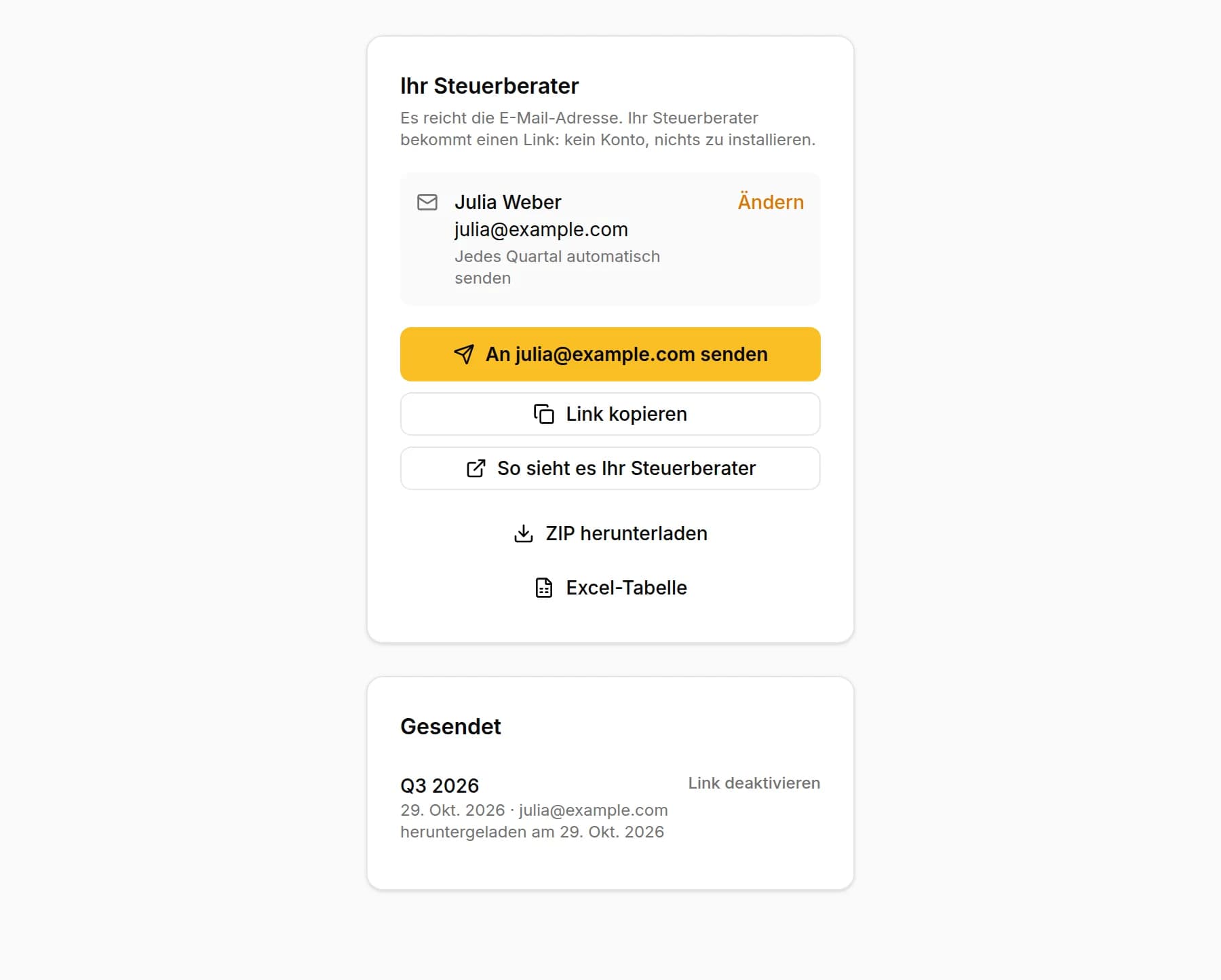 Der gespeicherte Steuerberater mit dem automatischen Versand jedes Quartal, die Schaltfläche zum Senden an seine E-Mail-Adresse, Link kopieren und So sieht es Ihr Steuerberater sowie die Liste Gesendet mit dem heruntergeladenen Quartal