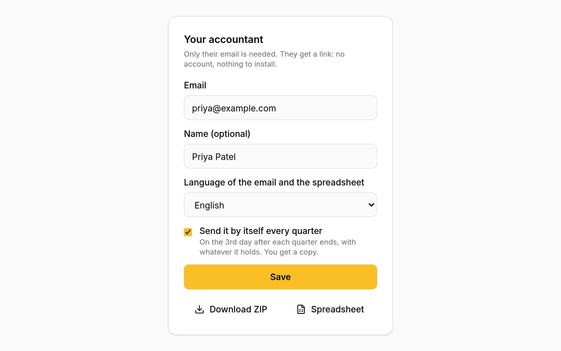 The accountant's details in KipBill: email, name, language of the email and the spreadsheet, and Send it by itself every quarter ticked